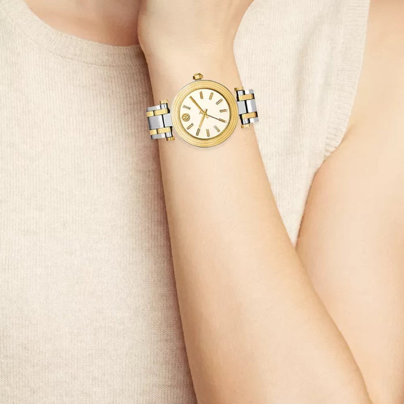 ory Burch Classic T Watch Two Tone Yellow Gold Silver Women's Watch TBW9014 - Image 3