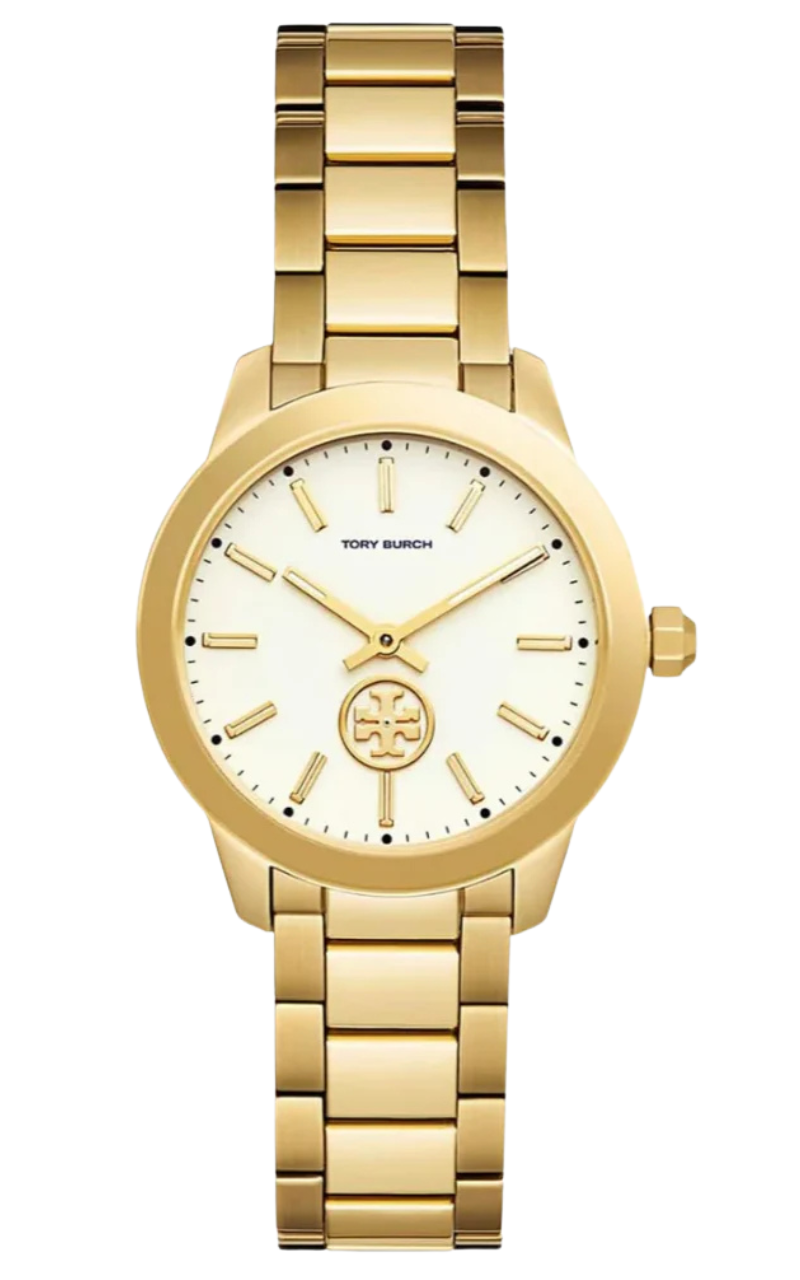 Tory Burch Collins yellow gold women's watch with white dial and gold link bracelet