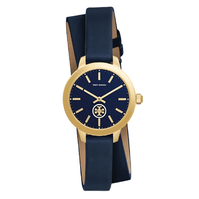 Tory Burch Collins watch with blue dial, gold-tone case and blue leather wrap strap