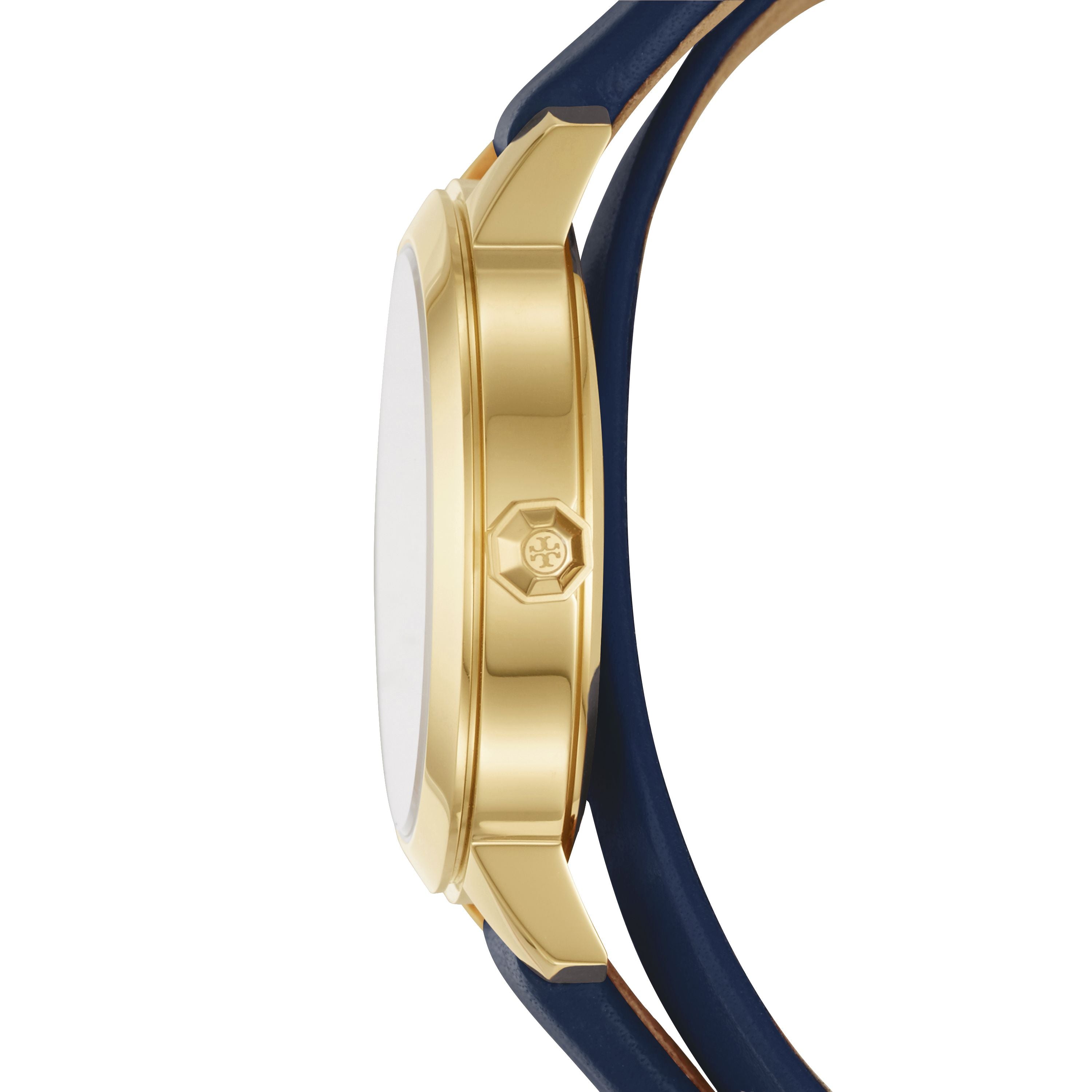 Side view of Tory Burch Collins watch showing gold case profile and blue leather strap