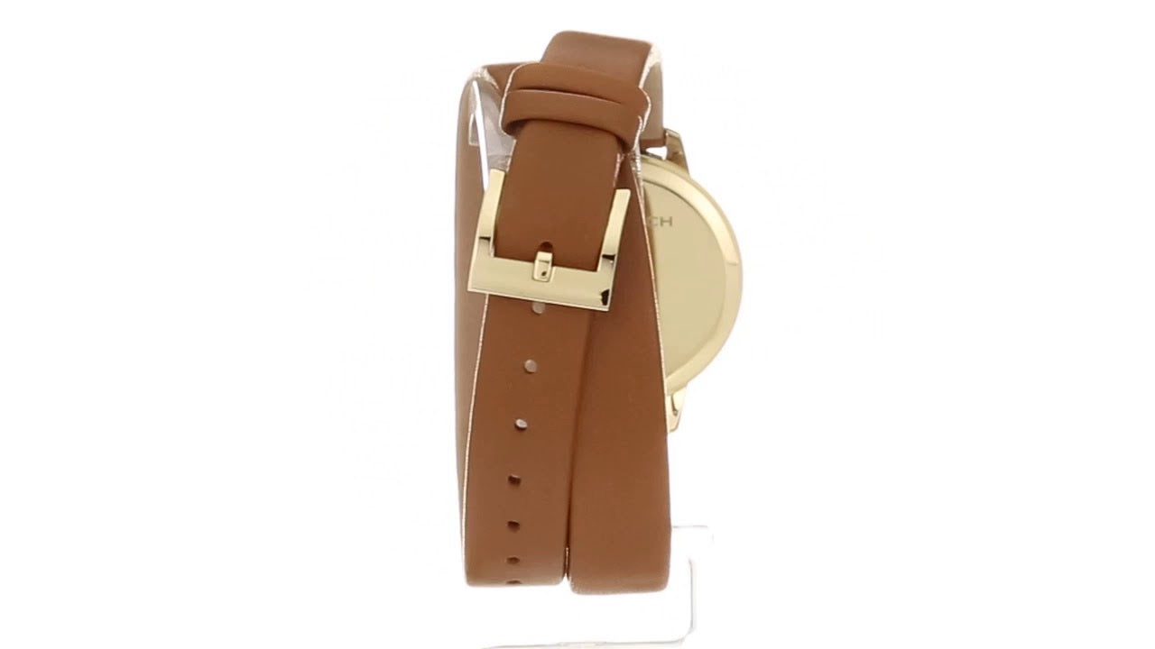 Tory Burch Collins watch at angle displaying double-wrap brown leather strap