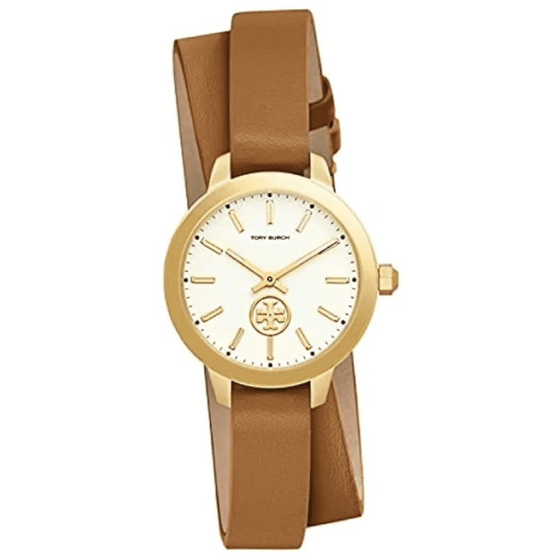 Tory Burch Collins watch with white dial, gold case, and brown leather strap