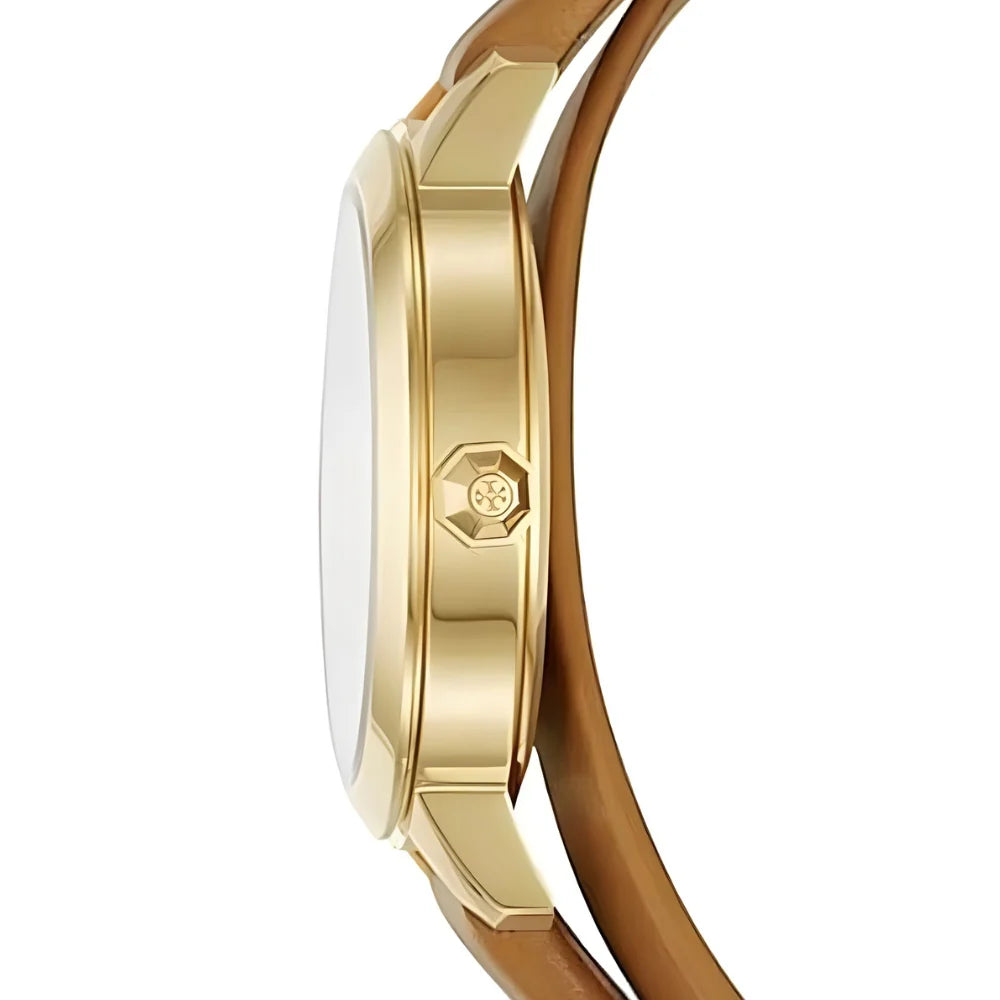 Side view of Tory Burch Collins watch showing gold case profile and brown leather strap