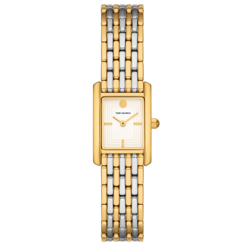 Tory Burch Eleanor cream dial watch with two-tone gold and silver rectangular case and bracelet