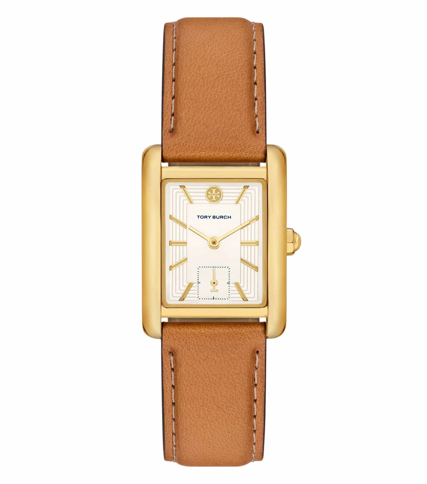Tory Burch Eleanor TBW1068 women's watch with cream dial, gold-tone rectangular case, and brown leather strap