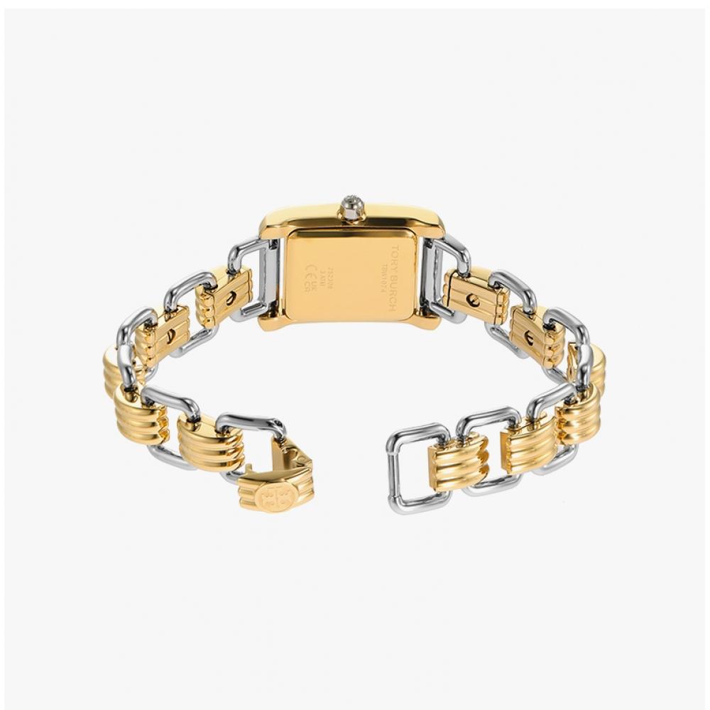 Double wrap two-tone bracelet with gold and silver link segments and clasp detail