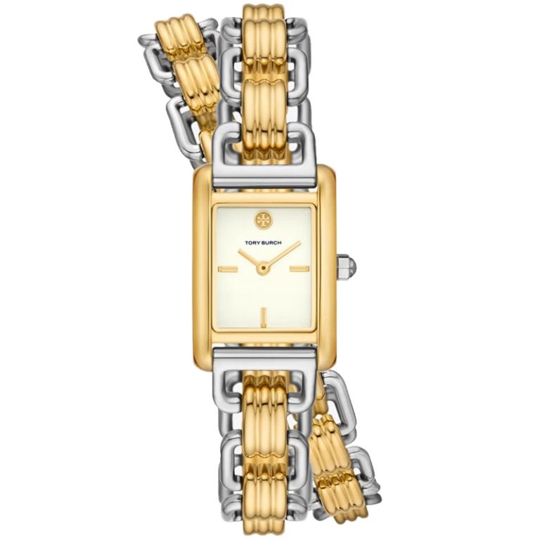 Tory Burch Eleanor watch with cream dial, gold rectangular case, and two-tone double wrap bracelet