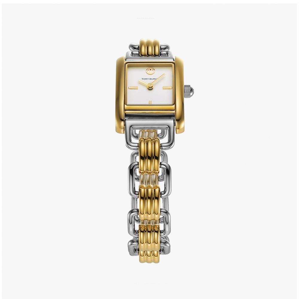 Eleanor watch full-length view displaying cream dial and segmented gold and silver bracelet