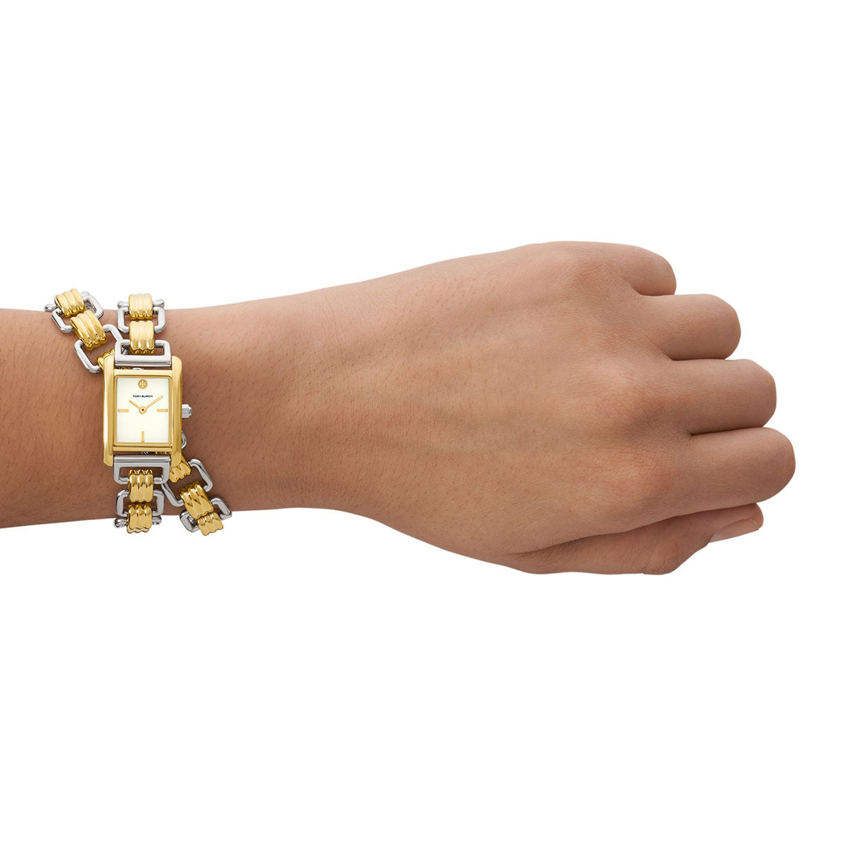 Eleanor watch worn on wrist, displaying double wrap bracelet and cream dial
