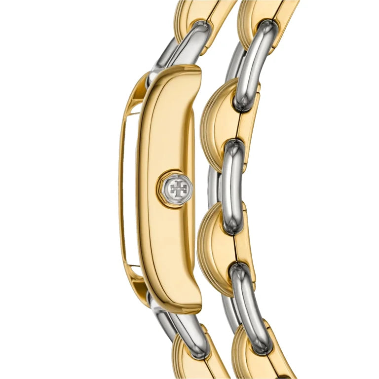Side view of Eleanor watch showing gold and silver two-tone wrapped bracelet design