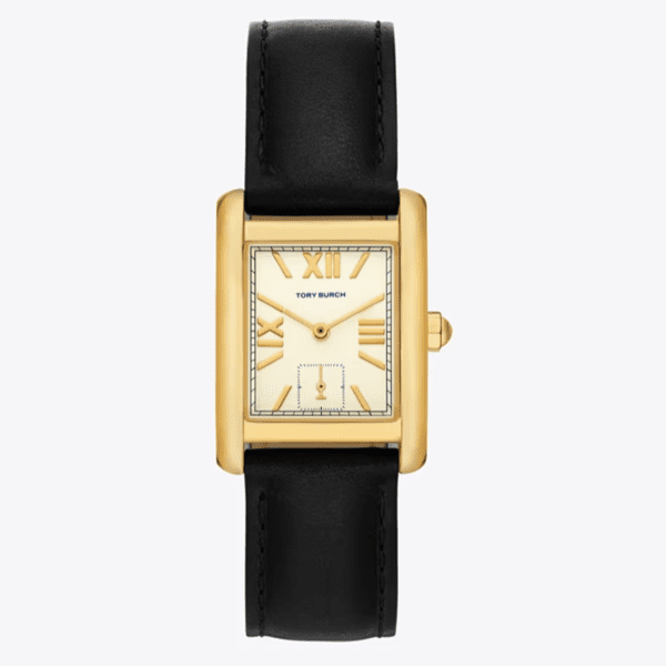 Front view of Tory Burch Eleanor watch featuring white dial with Roman numerals and gold hands