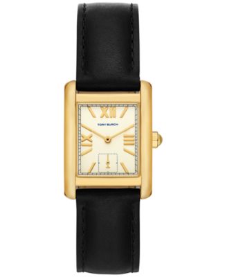 Tory Burch Eleanor women's watch with white dial, gold-tone rectangular case, and black leather strap