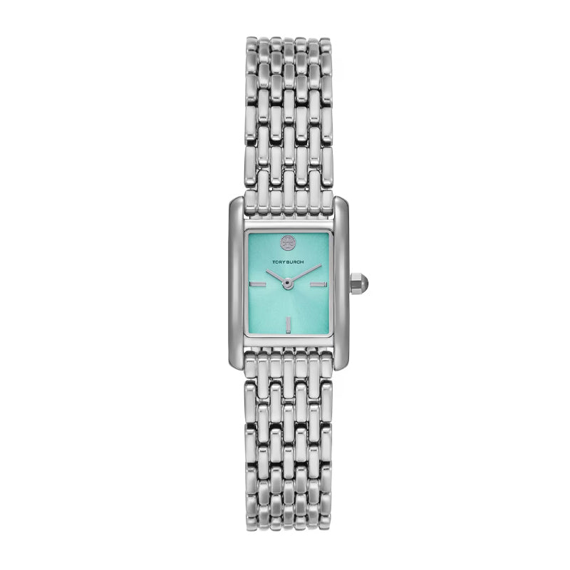 Tory Burch Eleanor watch with baby sky blue rectangular dial and silver-tone bracelet