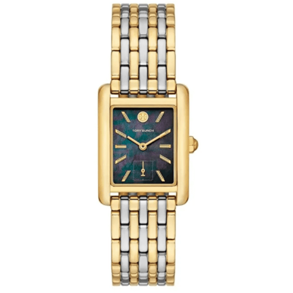 Tory Burch Eleanor watch with black dial, two-tone steel strap, and gold-tone rectangular case
