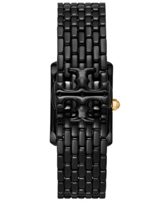 Angled view of The Eleanor watch with black metal woven bracelet and rectangular case