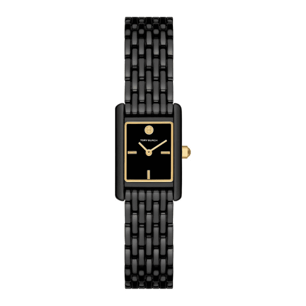 The Eleanor 28mm black watch with rectangular dial, gold logo and hands, black metal bracelet