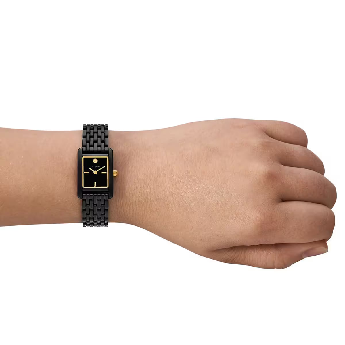The Eleanor 28mm watch worn on wrist displaying black rectangular case and metal bracelet