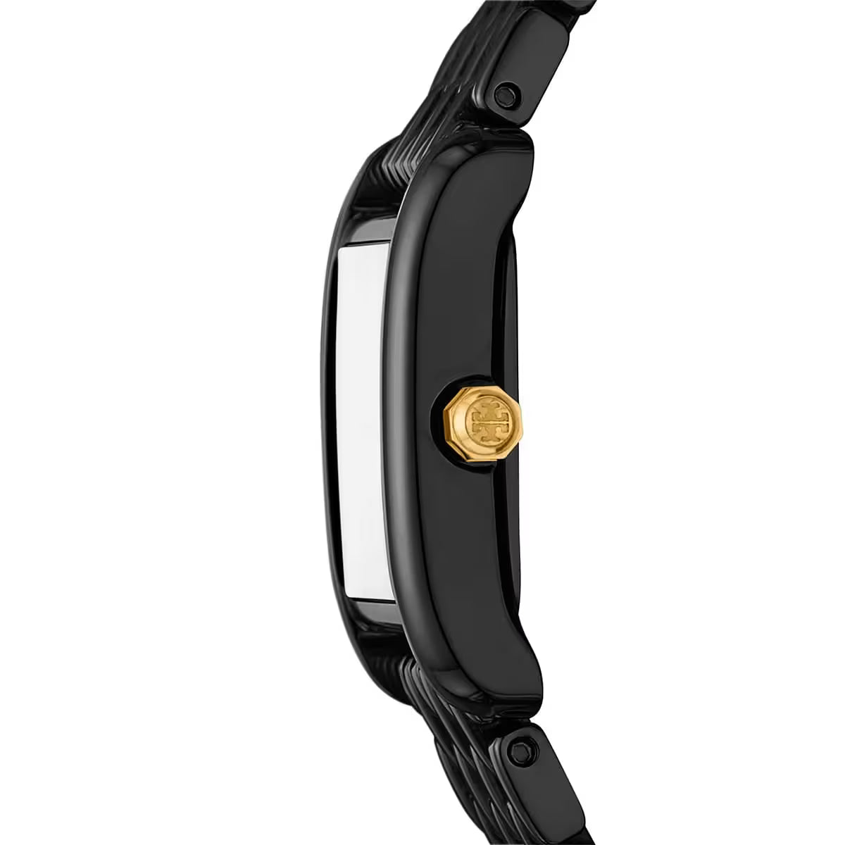 Side view of The Eleanor watch showing black case and bracelet with gold crown detail
