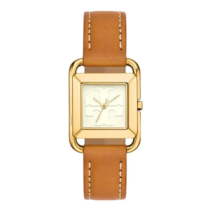 Tory Burch Miller watch with cream dial, gold-tone square case, and brown leather strap