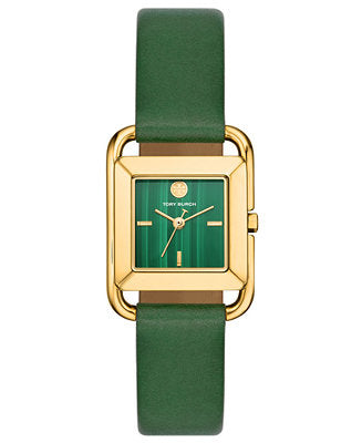 Tory Burch Miller watch with green dial and gold-tone case on green leather strap