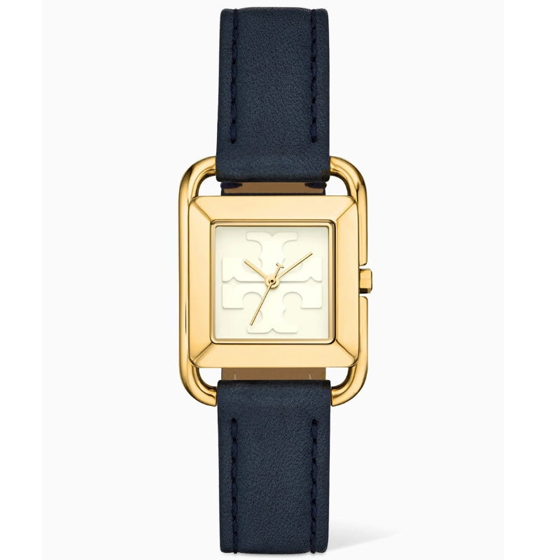 Tory Burch Miller women's quartz watch with cream dial and gold-plated square case, navy leather strap