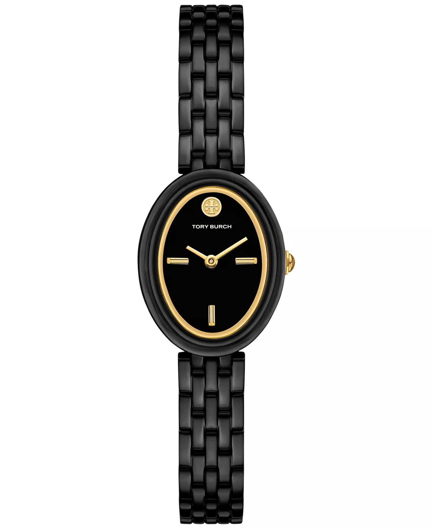 Tory Burch The Oval black steel watch with black dial and gold accents on bracelet