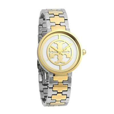 Tory Burch The Reva watch at angle showing dual-tone mixed metal strap and Reva logo dial