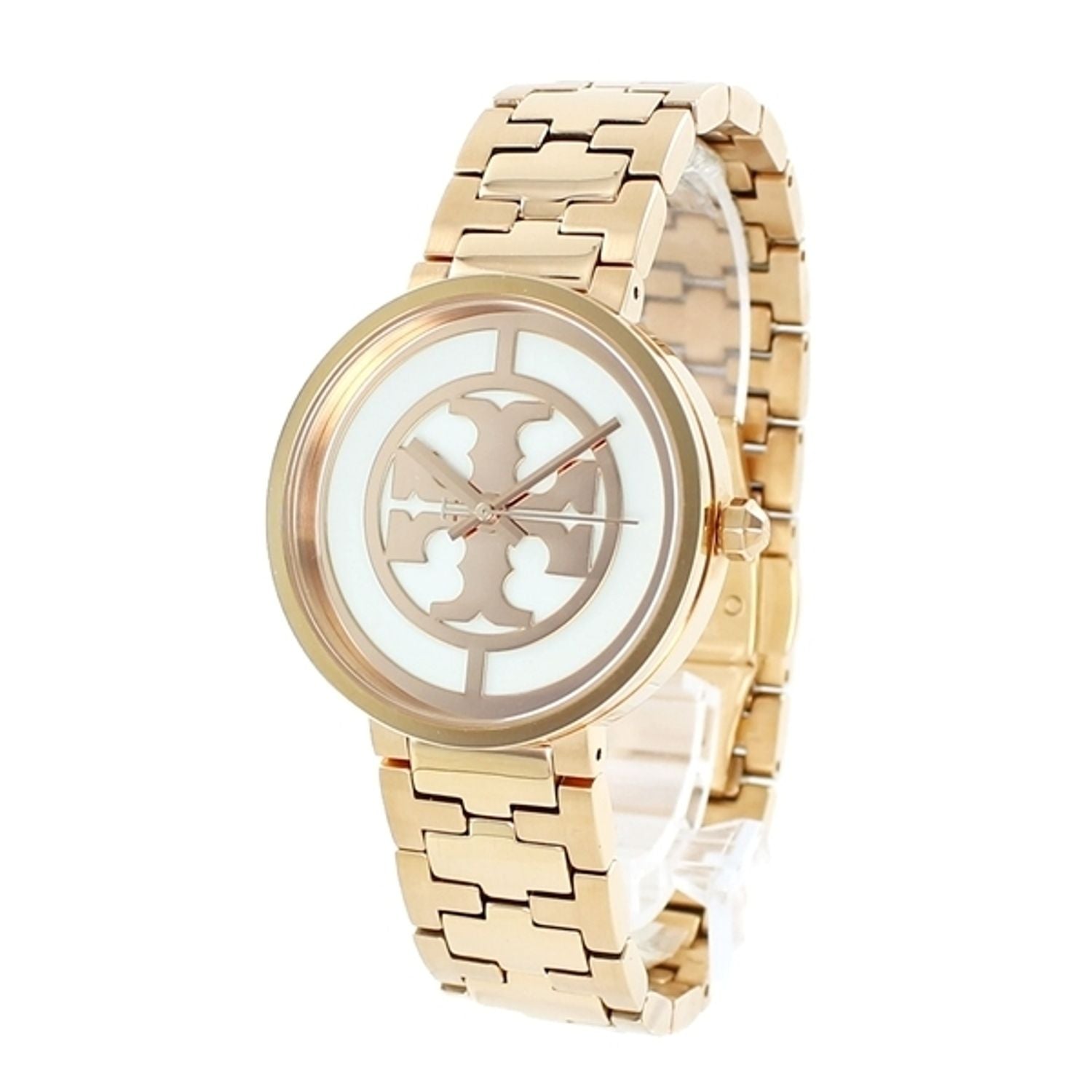 Tory Burch Reva rose gold-tone stainless steel bracelet watch three-quarter view