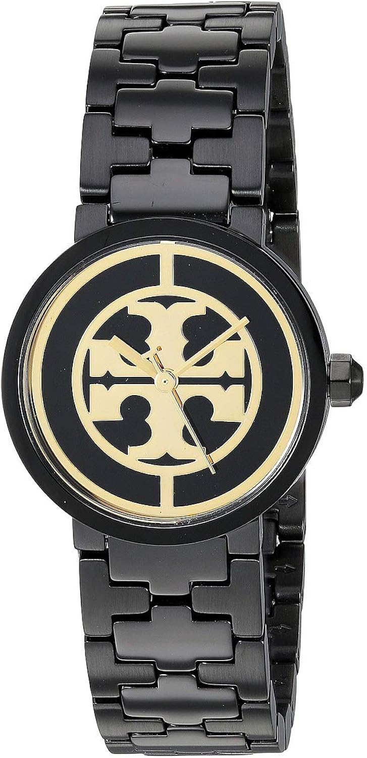 Angled view of Tory Burch Reva women's watch with black bracelet