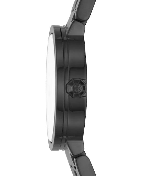 Side profile view of Tory Burch Reva watch case and band