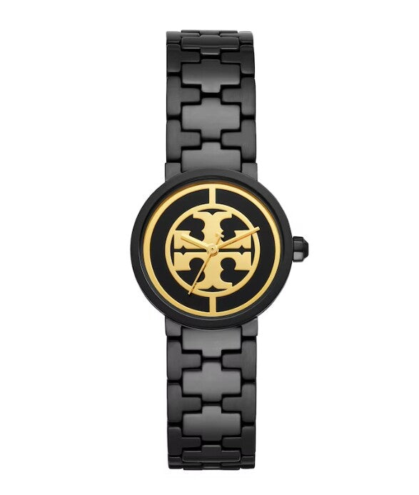 Tory Burch Reva black stainless steel women's watch with gold logo dial