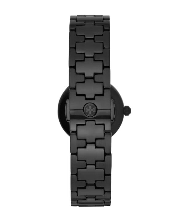 Side view of Tory Burch Reva black stainless steel watch and bracelet