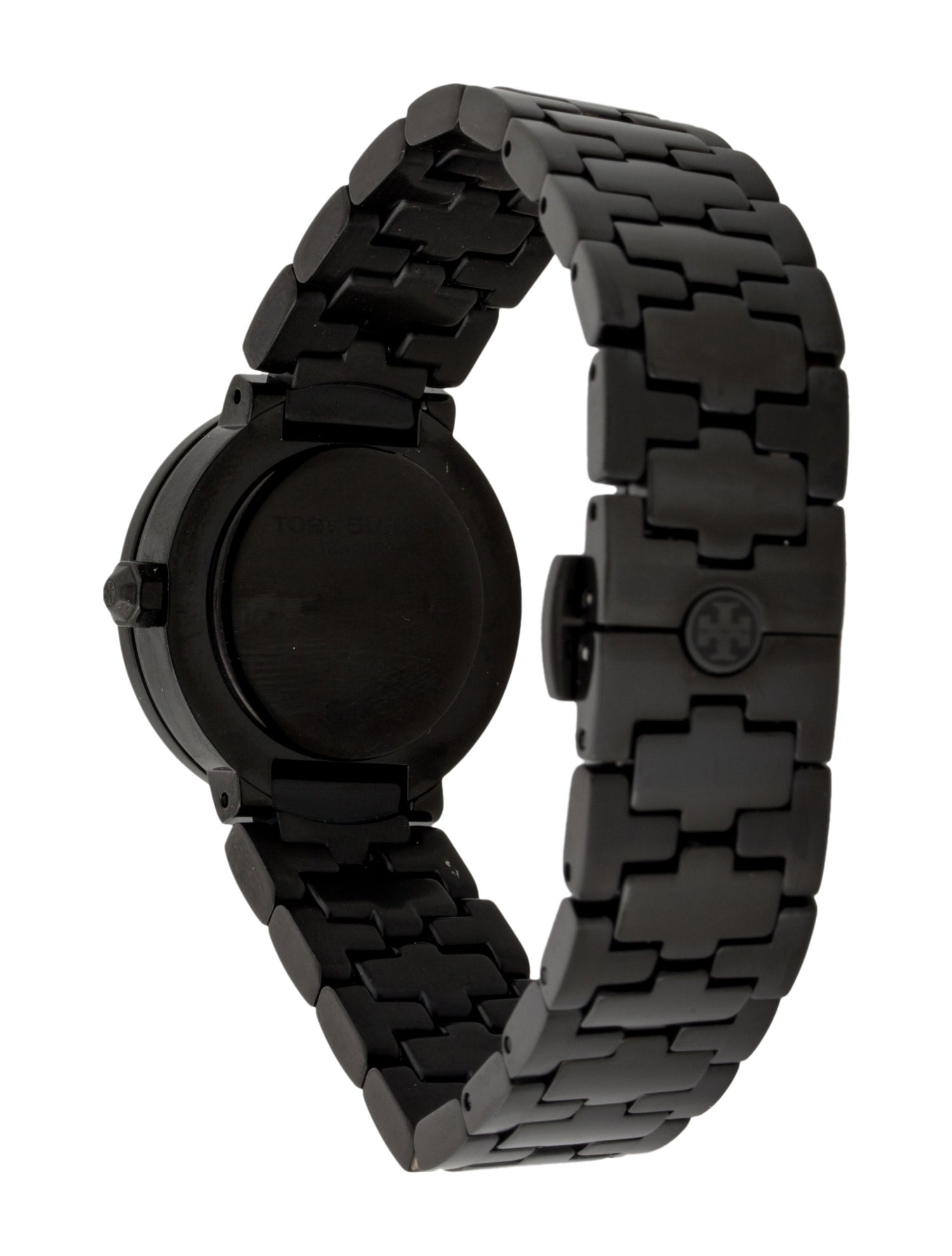 Tory Burch Reva black stainless steel link bracelet and clasp detail