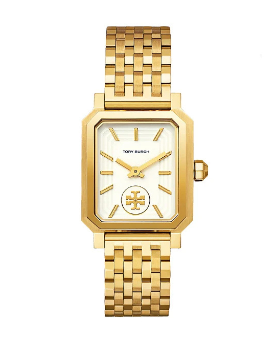 Tory Burch Robinson gold stainless steel women's watch with white rectangular dial and gold accents