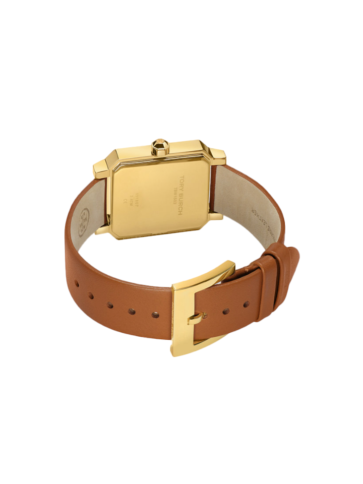 Tory Burch Robinson watch showing brown leather strap and gold-tone clasp