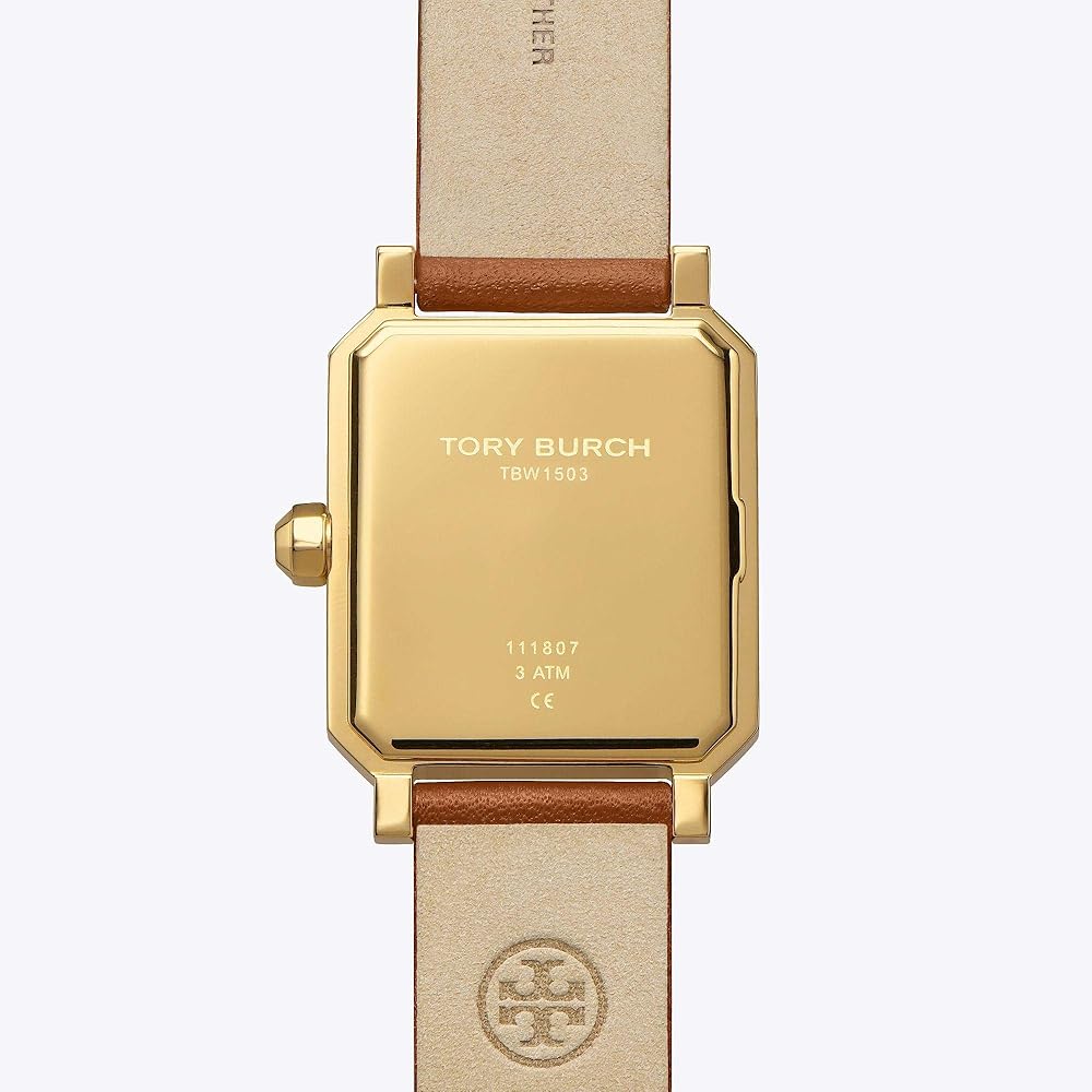 Tory Burch Robinson caseback with gold-tone engraving and brown strap