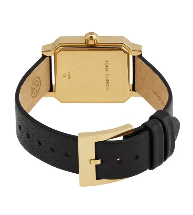 Watch case back and black leather strap with tan leather lining visible