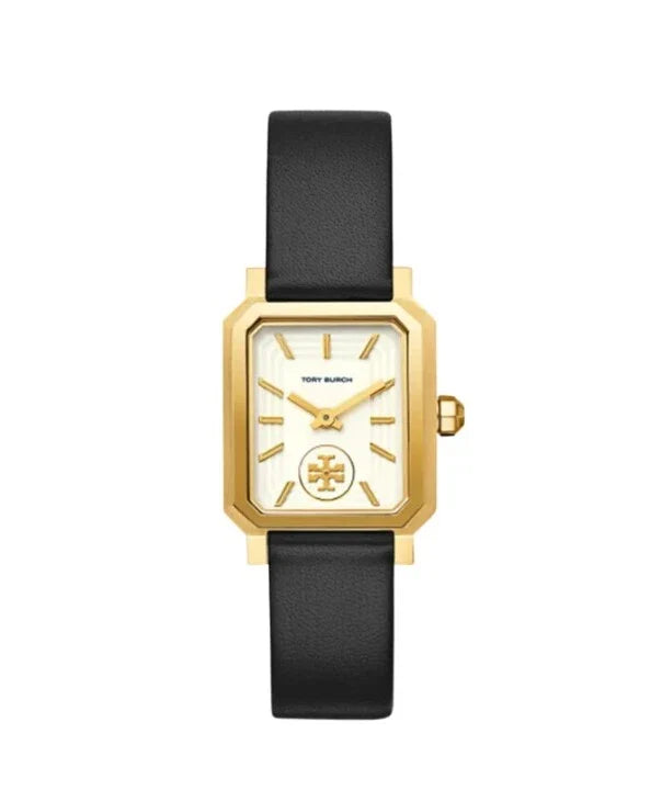 Gold-tone rectangular watch face with white dial, gold hour markers, and black leather strap