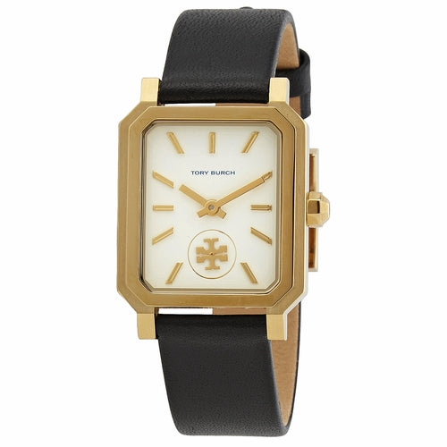 Tory Burch Robinson gold rectangular watch with white dial and black leather strap
