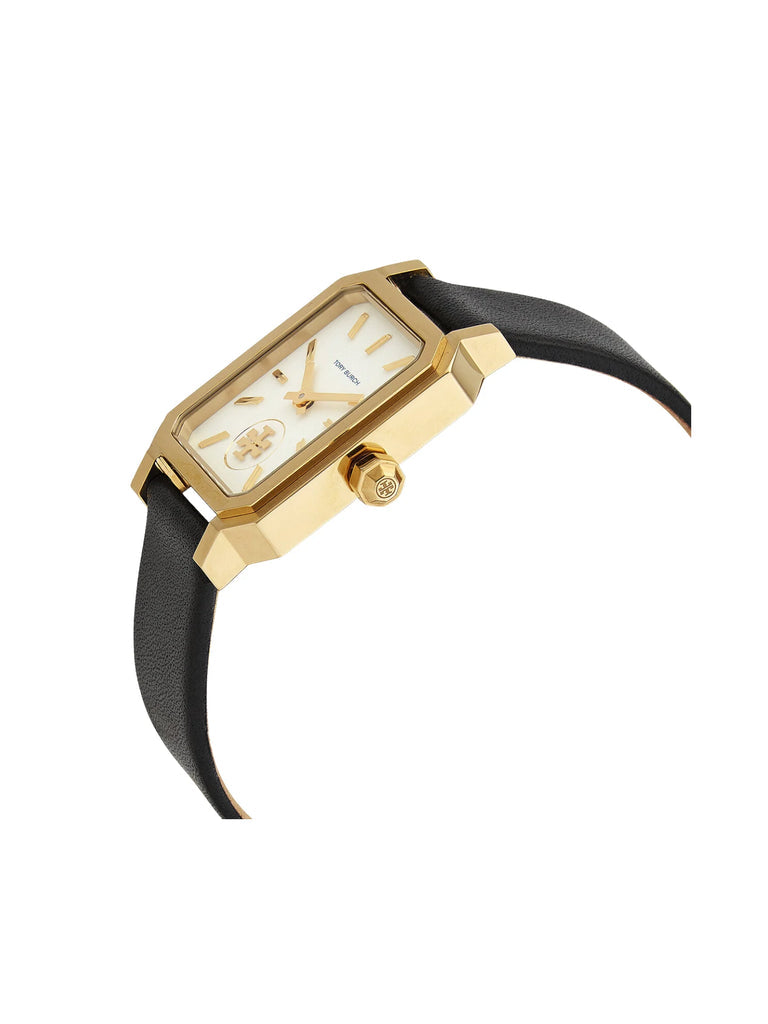 Side profile of Robinson watch showing gold case depth and black leather strap