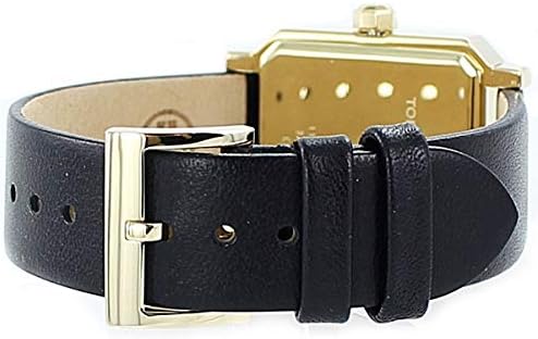 Black leather strap with gold-tone buckle and tan leather backing