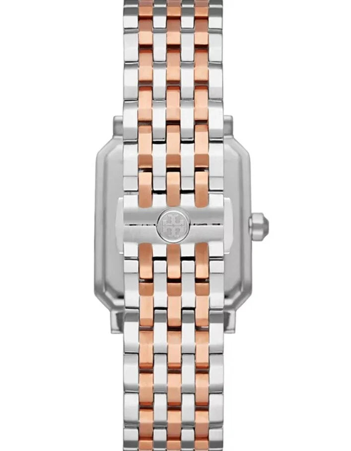 Tory Burch Robinson watch caseback showing two-tone rose gold and silver stainless steel bracelet