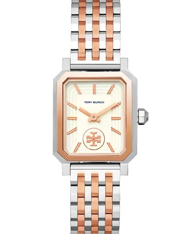 Tory Burch Robinson rose gold and silver stainless steel women's watch with rectangular dial