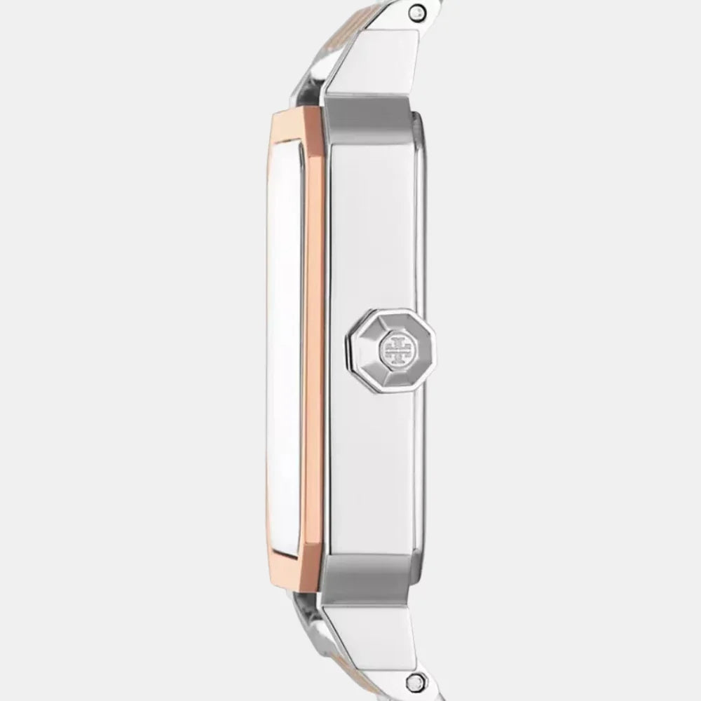 Side profile of Tory Burch Robinson women's watch with rose gold and silver stainless steel case