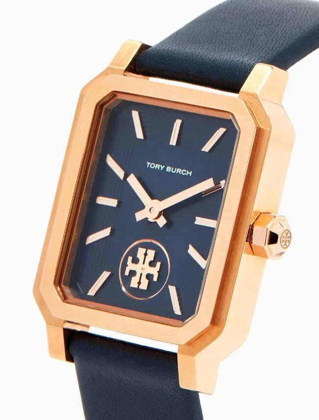 Robinson watch angled view showing rose gold case and navy leather strap