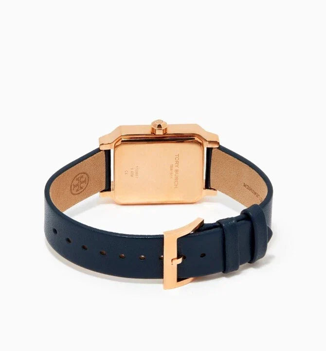 Robinson watch caseback showing rose gold case and navy leather strap