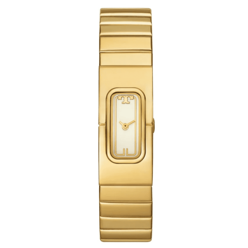 Tory Burch T-Watch quartz with gold dial and rectangular case on gold-tone bracelet