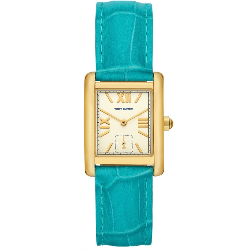 Tory Burch Tank women's watch with cream dial, gold case and turquoise leather band