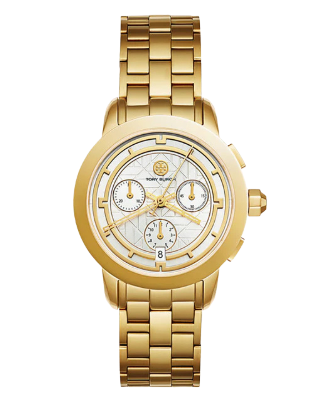 Tory Burch gold chronograph women's watch with white dial and triple subdials