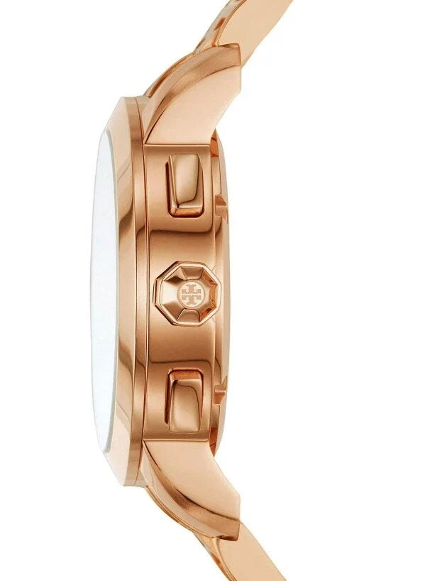 Side profile of Tory Burch Classic Chronograph rose gold-tone watch showing case and bracelet